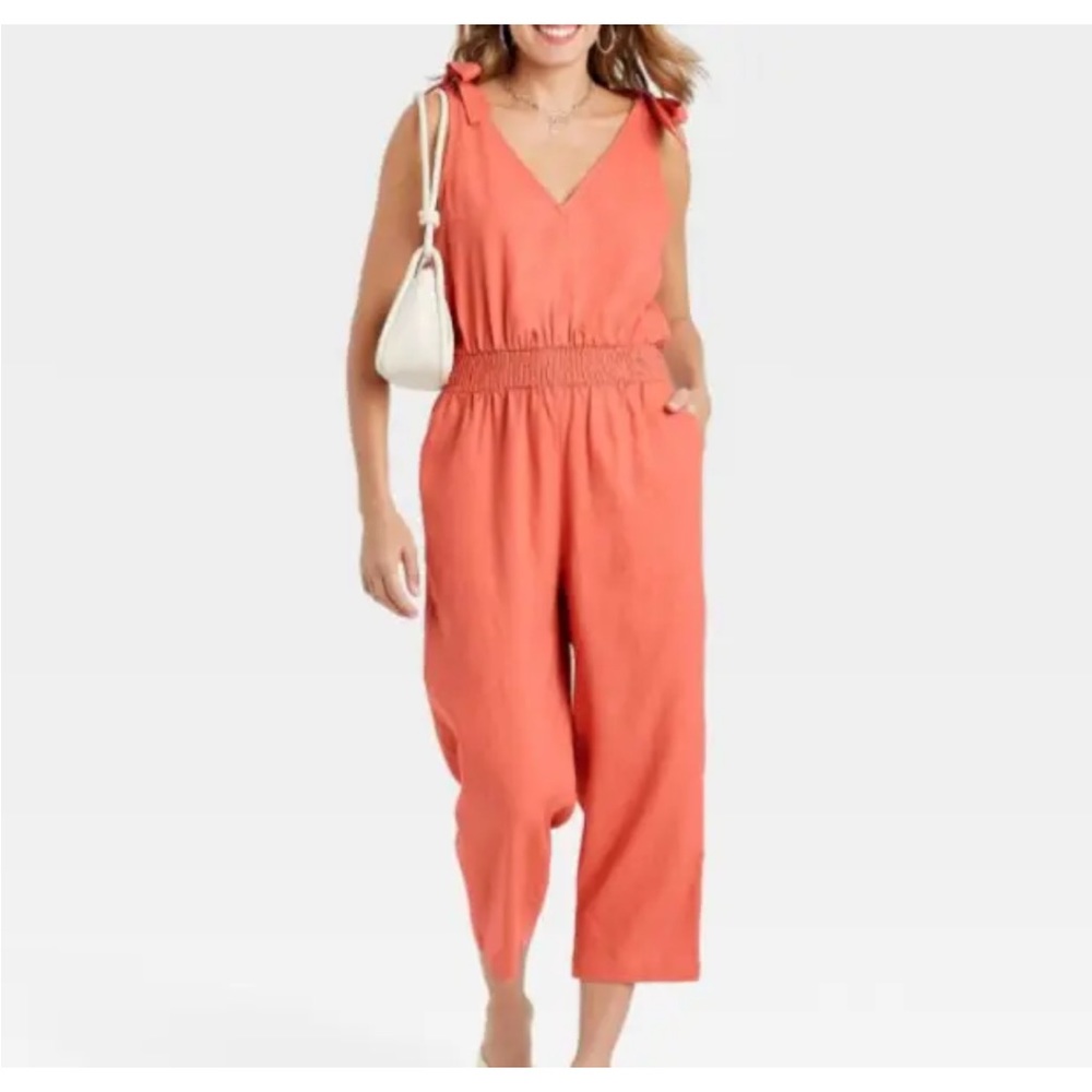 A New Day Tie Strap Crop Jumpsuit Linen Blend Orange Smocked Waist L NEW